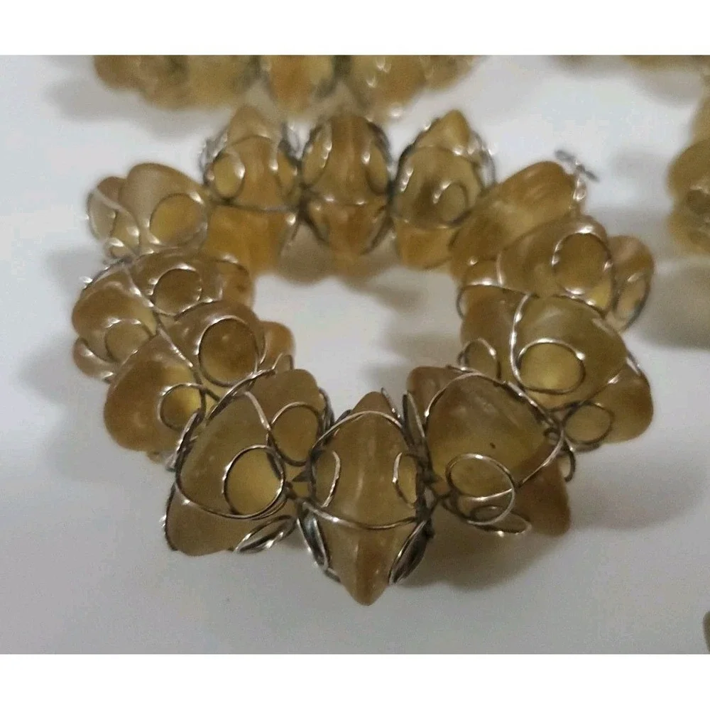 Vintage Yellow‎ Beige Stone and Wire Napkin Rings set of 8 Abstract Bohemian